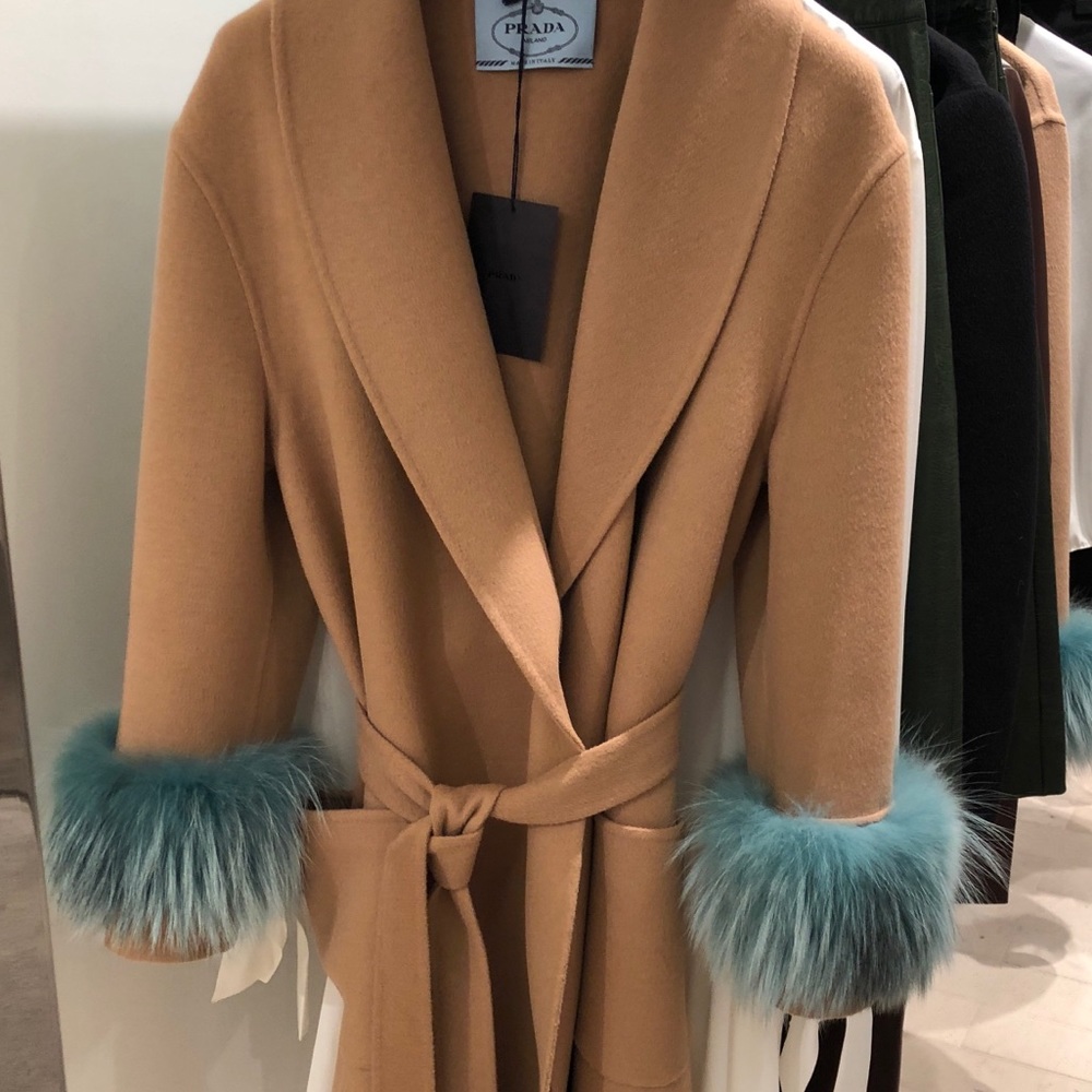 Prada camel wool blend coat with fur trim